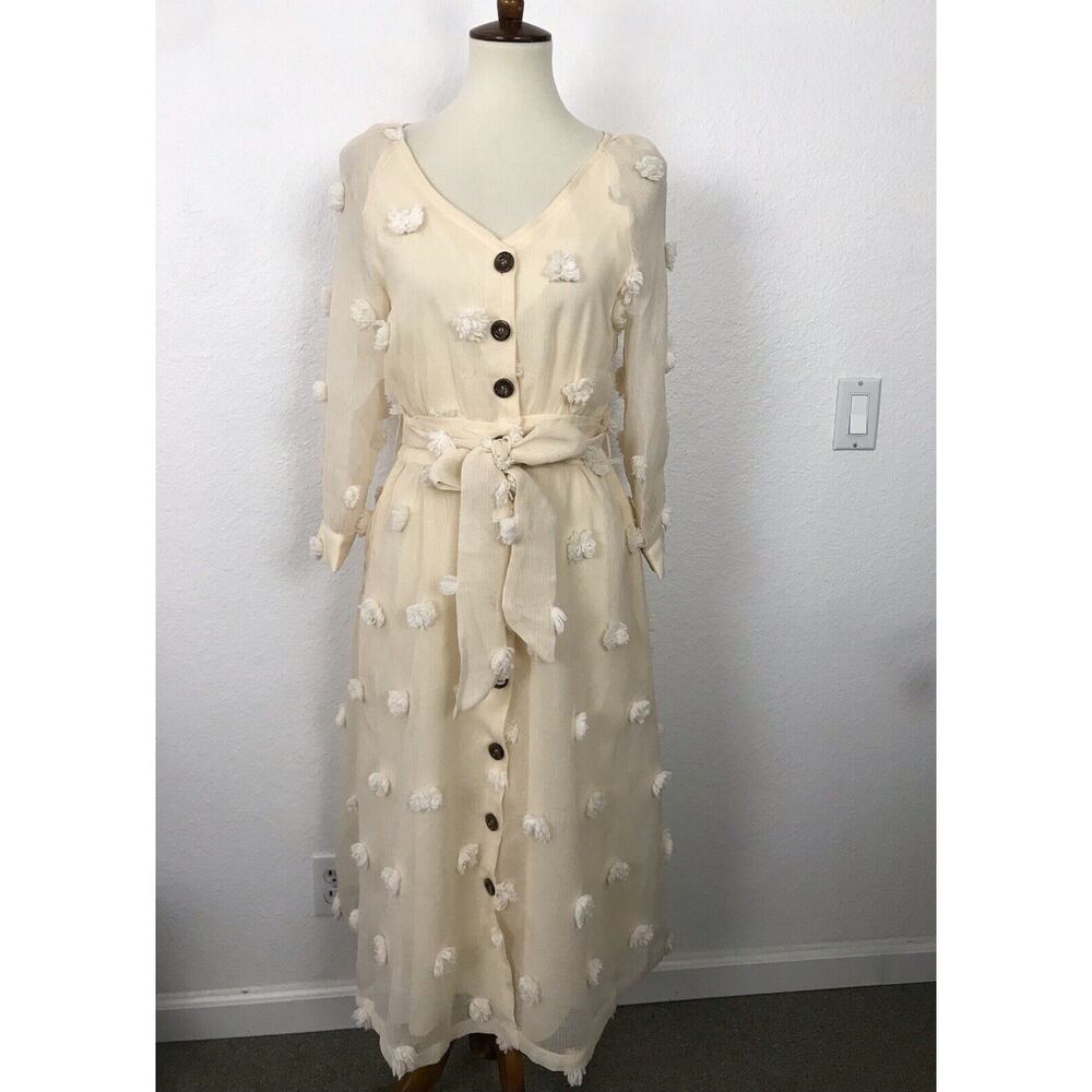 Listicle Melena Semi Sheer Pom Pom Belted Midi Shirt Dress